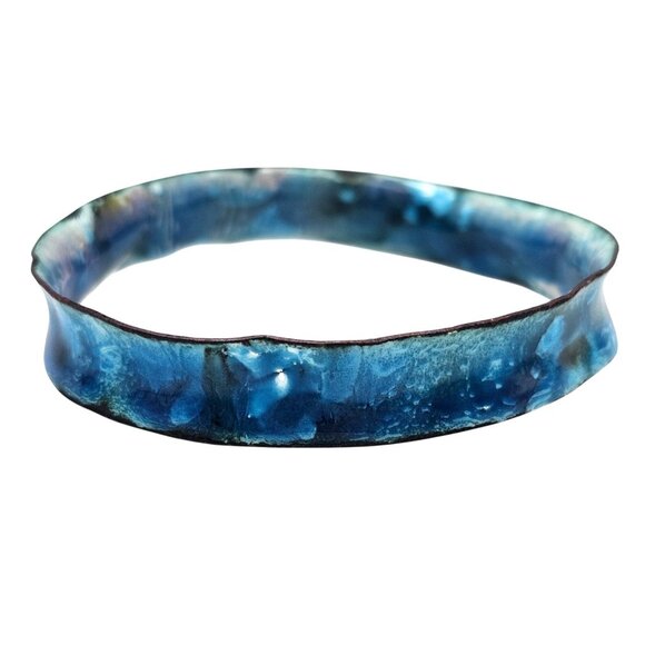 Handmade Enamel Copper Bangle Bracelet Boho Organic Blue Unique Artisan Jewelry - Picture 2 of 14